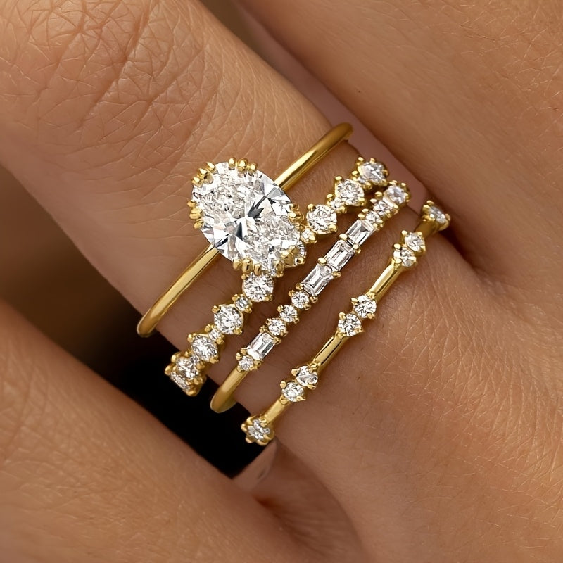 4pcs/Set Elegant Stacking Rings With Sparkling Fake Zirconia Teardrops And Rectangular Symbols, Symbolizing Romance And Prestige, For Everyday Wear, And Perfect Gift For Spring Festival New Year